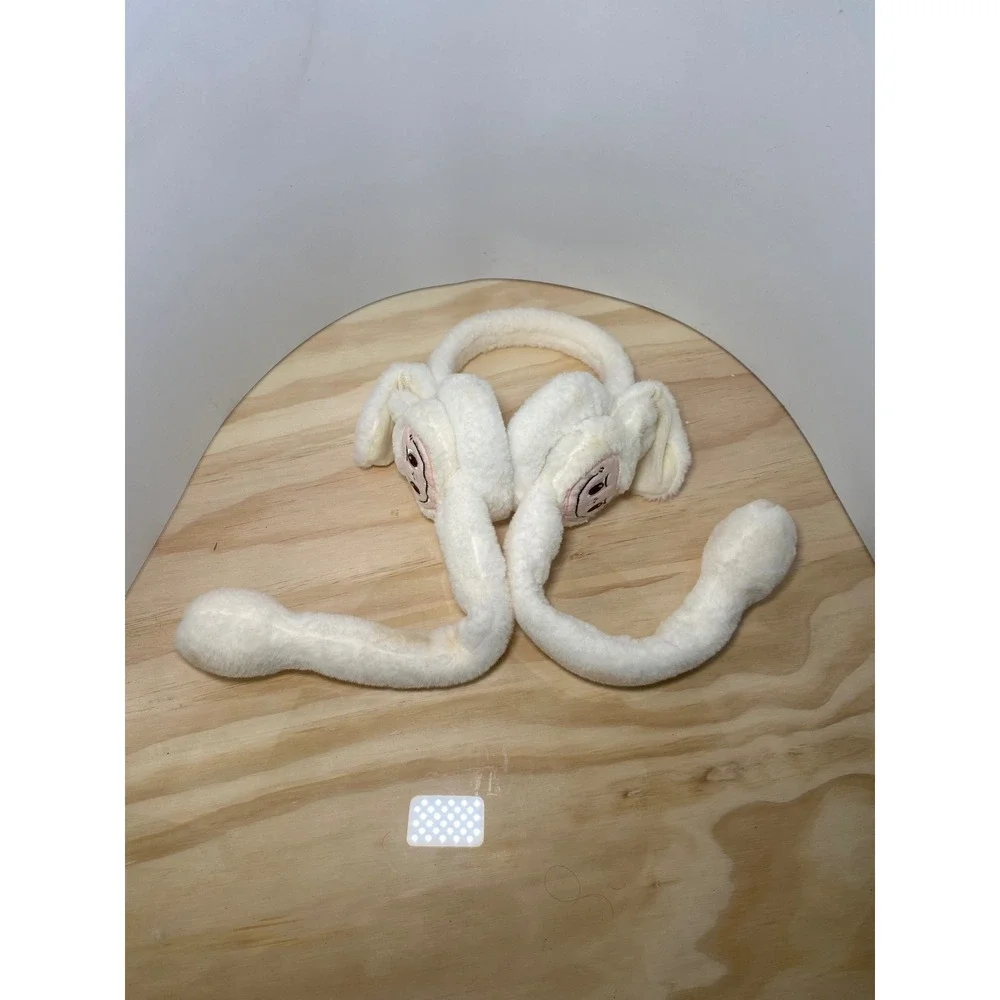 Moving Labubu Earmuffs Cream White Plush Pop Up Ears Winter Cosplay Accessory